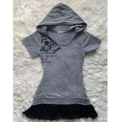 LIZAKOSHT  -  Gothic Punk Women T Shirts with Hooded Grey Subculture Harajuku Y2k Casual Rock Tops Summer Short Sleeve Grunge Popular Tees