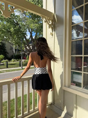 LIZAKOSHT  -  Women Polka Dot Patchwork Swimsuit Dress Sexy Chic Sleeveless Off-shoulder Backless Mini Halter Dresses Lady Vacation Beach Gown