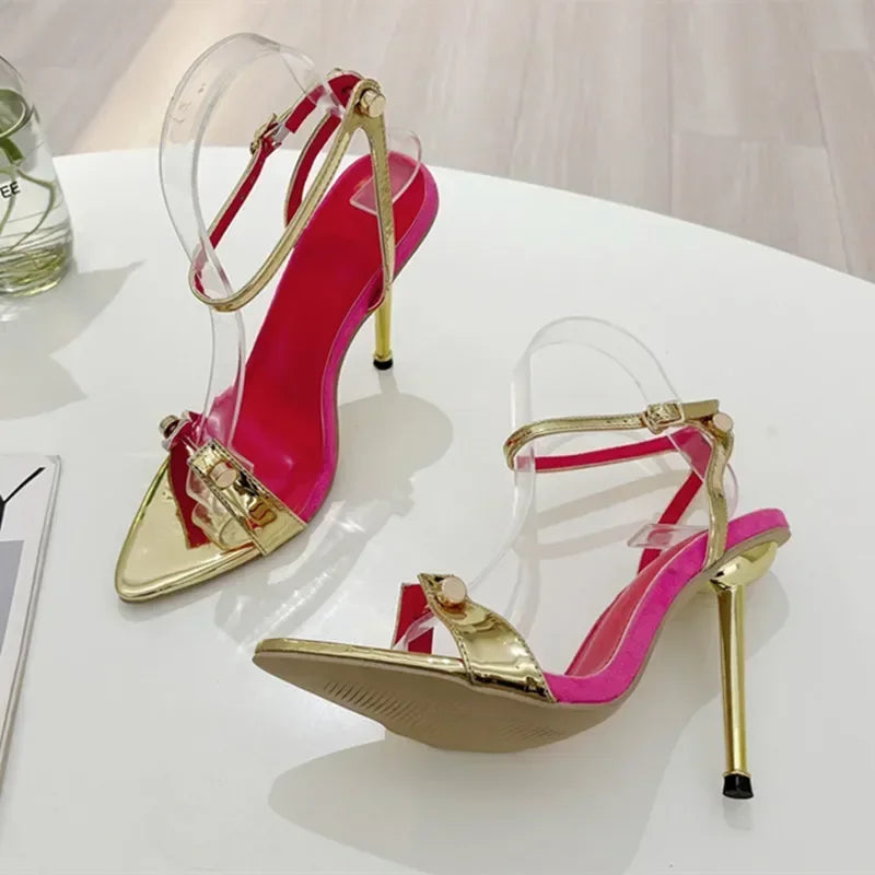 LIZAKOSHT  -  Luxury Designer Sexy Rivets Thin High Heeled Sandals Women 2025 Pointed Toe Ankle Strap High Heels Wedding Banquet Women Shoes
