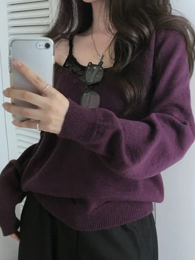 LIZAKOSHT  -  Streetwear Vintage Solid Knitted Grunge Sweaters Y2k Aesthetic Loose Casual Pullovers Women Harajuku Autumn Button Jumpers