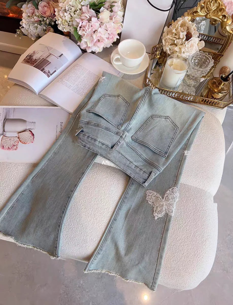 LIZAKOSHT  -  Flared Trousers Women Sequins Butterfly Embroidery Slim Fit High Waist Streetwear Light Blue Boyfriend Denim Pants Ladies 2024