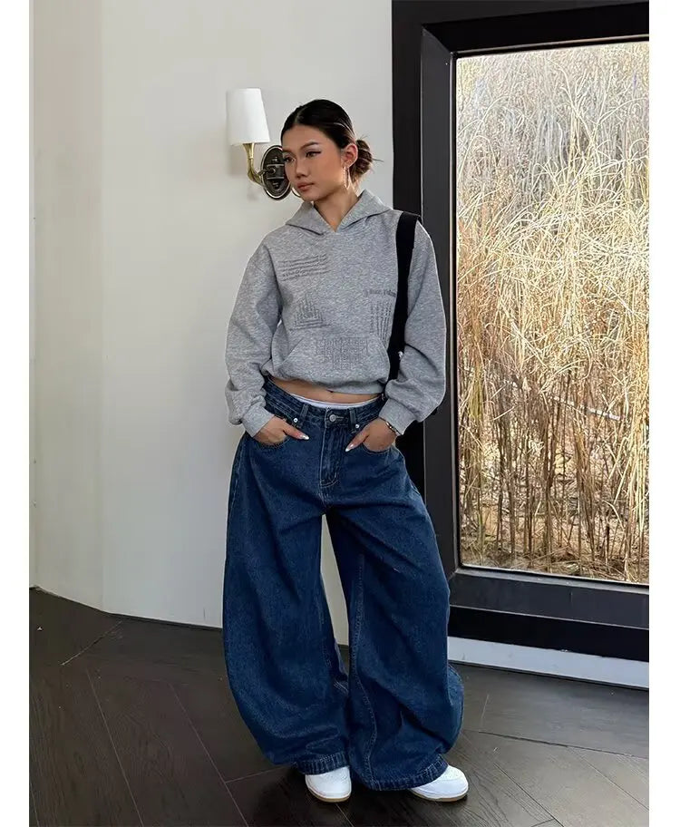 LIZAKOSHT  -  Washed American Style Wide Leg Jeans High Waist Straight Cut Commute Elegant High Quality Cotton Polyester Blend No Stretch
