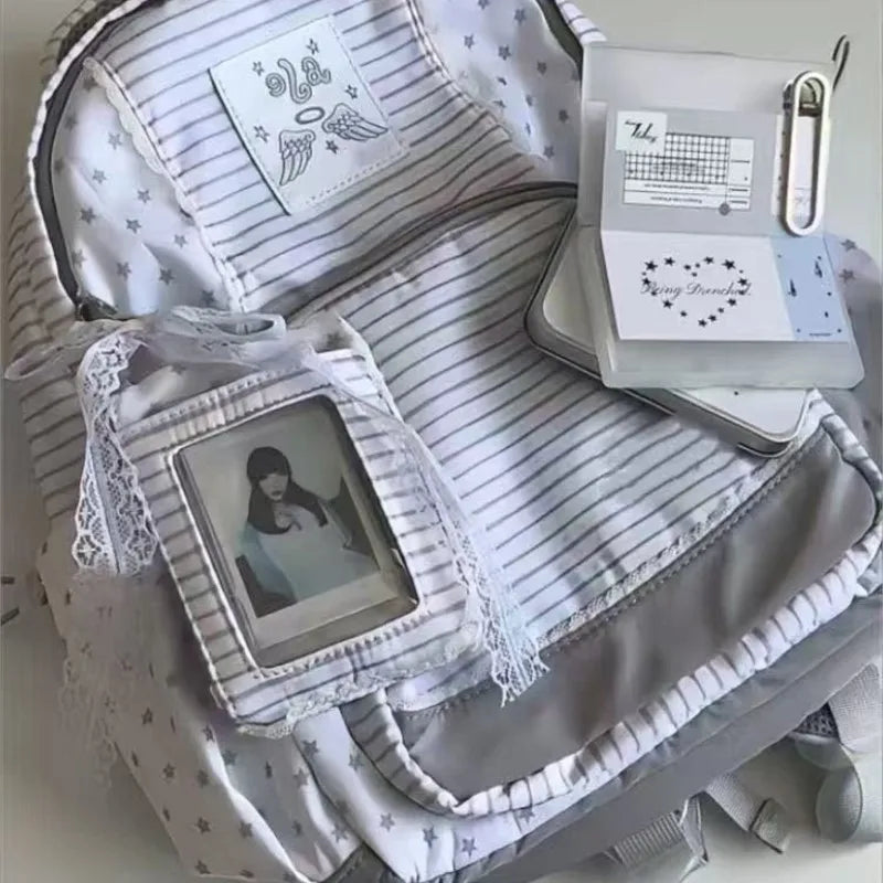 LIZAKOSHT  -  Japanese Minimalist Stripe Backpack Women Star Print Large Capacity Student Schoolbag Ladies Sweet Cute Harajuku Mochilas Mujer