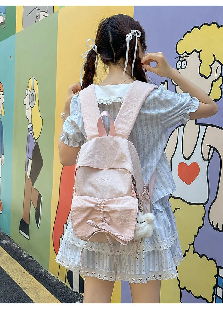 LIZAKOSHT  -  Junior High School Girl Backpack Summer New College Style Bow School Backpack Fashion Candy Colored Pleated Backpack School Bag