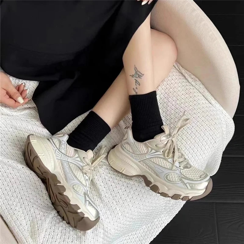 LIZAKOSHT  -  Fashion Design Mixed Color Patchwork Round Toe Women Sneakers Thick Sole Chunky Heels Lace Up Running Trainer New Western Shoes
