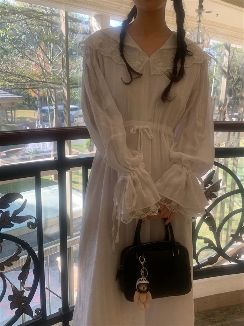LIZAKOSHT  -  White Flare Sleeve Long Dress Lace Sweet V-Neck Chic 2024 Slim Cotton New Spring Office Lady Florals Gentle Casual