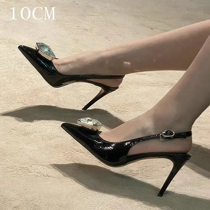 LIZAKOSHT  -  Summer New High-Heeled Shoes Pointy Square Buckle Crystal Shallow Mouth Thin Heels Elegant Sandals For Woman