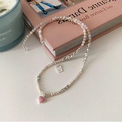 LIZAKOSHT Korea Silver Color Acrylic Beads Pearl Strand Choker Necklaces for Women Pink Color Enamel Love Heart Pendant Necklace