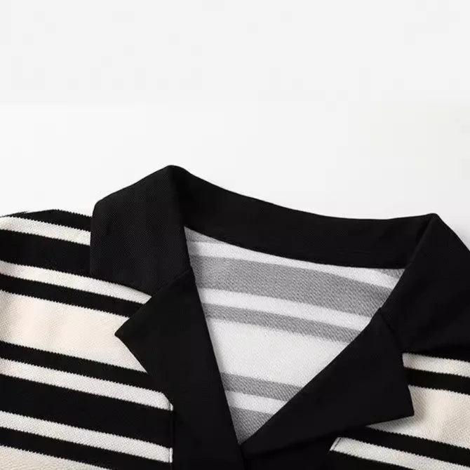 LIZAKOSHT  -  Black and White Striped Loose Short-sleeved T-shirt V-neck Pullover Bottoming Casual Shirt Summer New Style