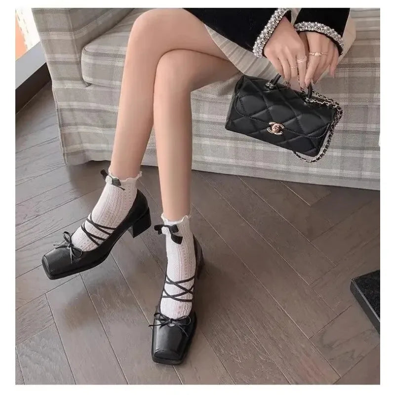 LIZAKOSHT  -  Mary Jane Flat Heels Retro Style Women's Shoes Spring Autumn Sweet Cool Butterfly Knot High Heels Comfortable Rubber