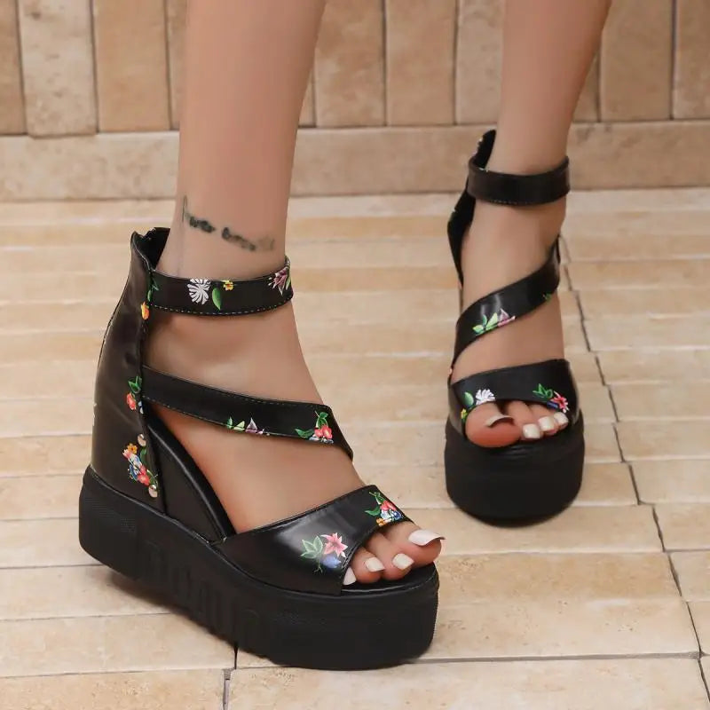 LIZAKOSHT  -  Rose Print Wedge Heel Ankle Strap Sandals Women Summer Rear Zip Chunky Platform Sandals Fashion Super High Heel Shoes