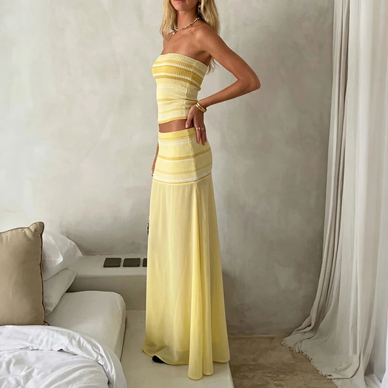 LIZAKOSHT  -  Sexy Strapless Off Shoulder Suit Chic Striped Backless Splice Outfit Casual Sleeveless Vest+Mesh Semi Transparent Skirt 2pc Set
