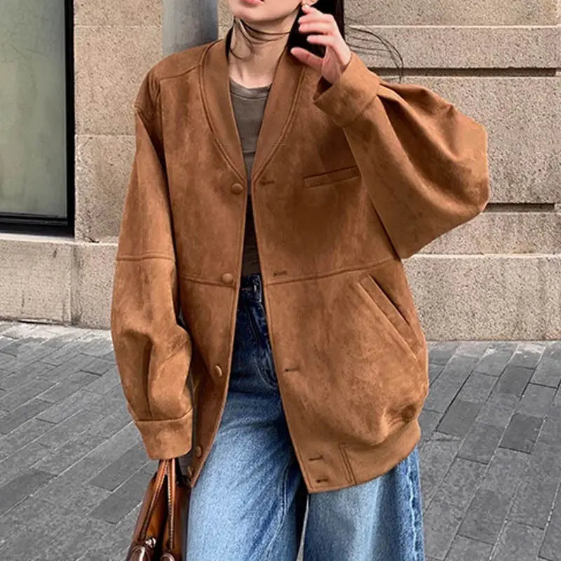 LIZAKOSHT  -  Vintage Brown Bomber Jackets Women Autumn Single Breasted Full Sleeve Female Coats Fashion Streetwear Office Baseball Outerwears