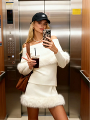 LIZAKOSHT  -  Knit Mini Skirts Pullover Sets Women Off Shoulder Long Sleeves Slim Patchwork Faux Fur Suits Female Chic New Solid Outfits