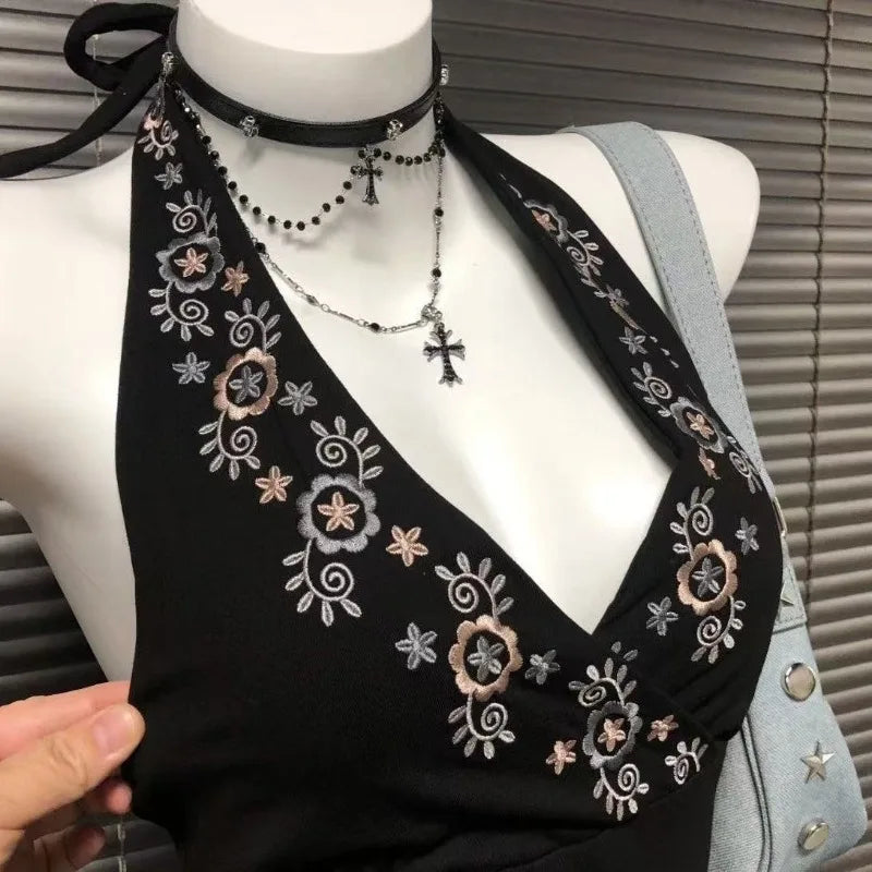 LIZAKOSHT  -  New Vintage Punk Black Slim Slash Neck Vest Women High Street Sexy Backless Tees Summer Japanese Subculture Retro Tank Tops