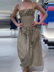 LIZAKOSHT  -  Striped Spaghetti Strap Drop Waist Midi Dress Sleeveless Bustier Summer Casual Women Vestido Chic Fashion Lady Vestido