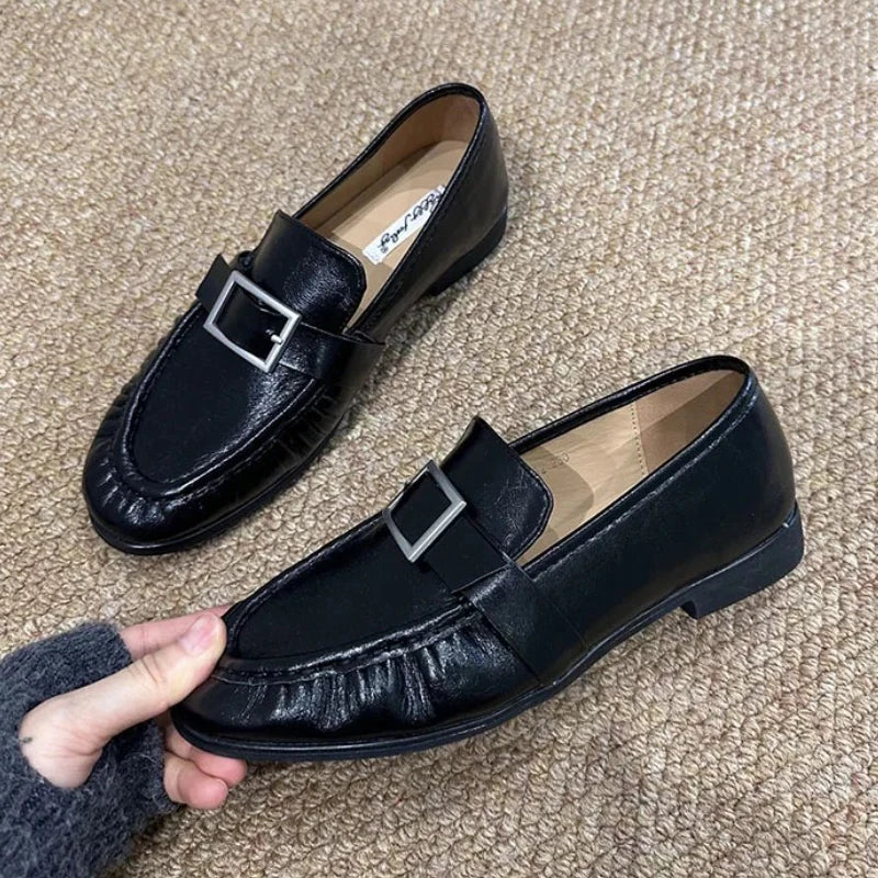 LIZAKOSHT  -  Retro Soft Leather Designer Flat Shoes Women Belt Buckle Pleated Design Comfort Loafers British Style Brand Office Shoes Ladies