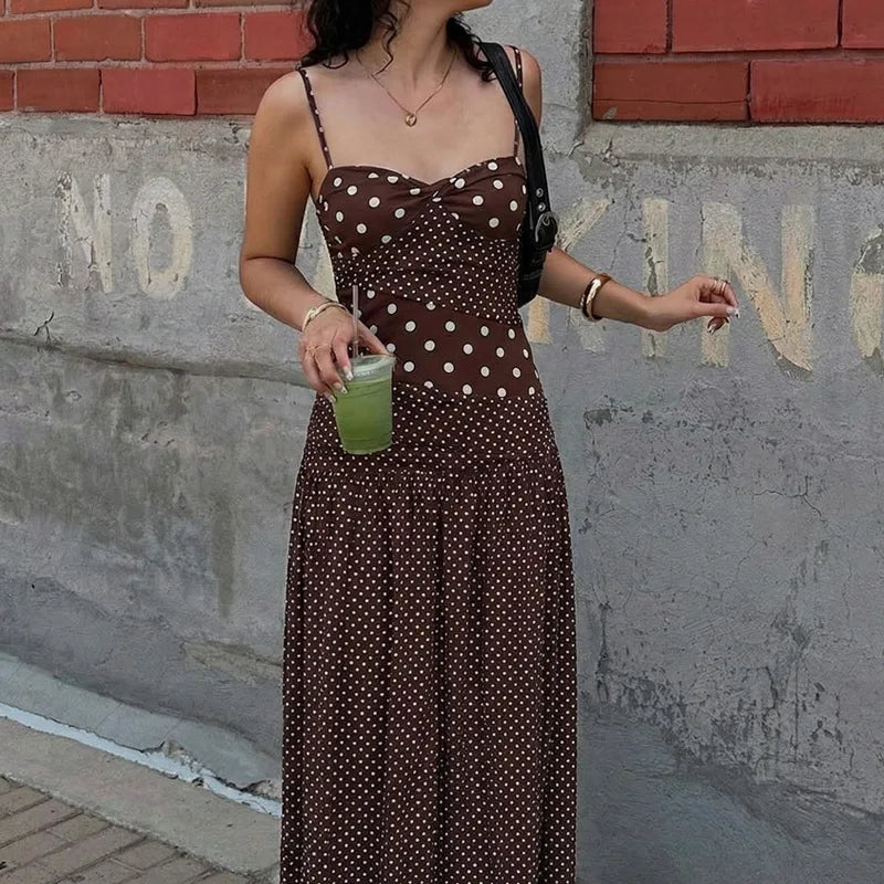 LIZAKOSHT  -  Women Polka Dot Halter Neck Maxi Dress Ruched A Line Vintage Elegant Holiday Beach Vacation Dress Spring Summer Outfit