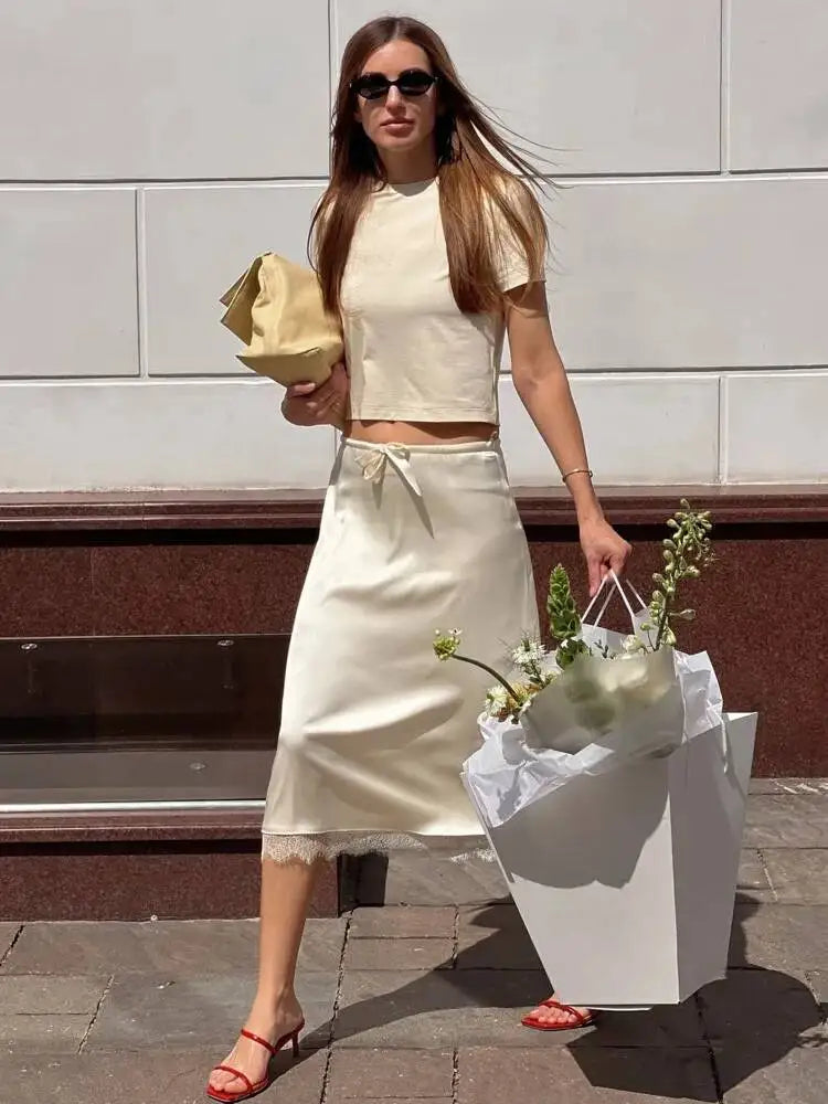 LIZAKOSHT  -  Lace Side Sexy Skirt For Women Elegant Lace-up Slim Fashion Solid Color High Waist Patchwork Female Long Skirt 2025