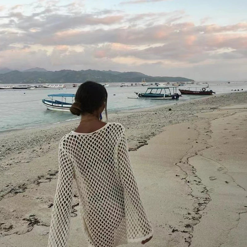 LIZAKOSHT  -  Seaside Hollow Out One Piece Vacation Covers Summer Solid knitted  Fish Mesh Pullover Tops 2025 Long Sleeve White Full Dresses
