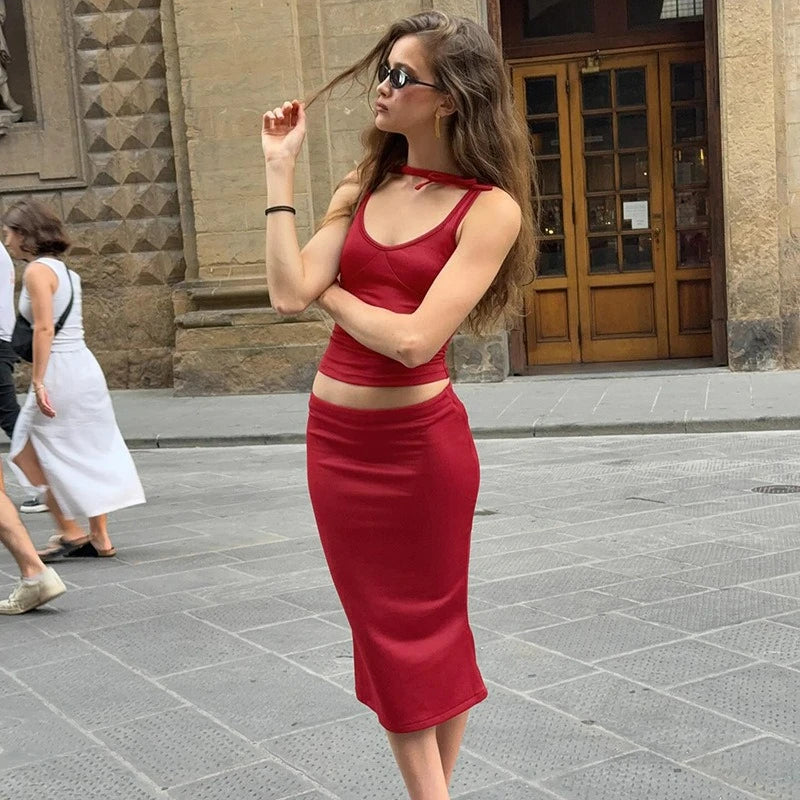 LIZAKOSHT  -  Womens Elegant Bowknot Sleeveless Tops+Midi Skirt Suit Summer Ladies Sexy Two-piece Dress Matching Sets Vacation Streetwear