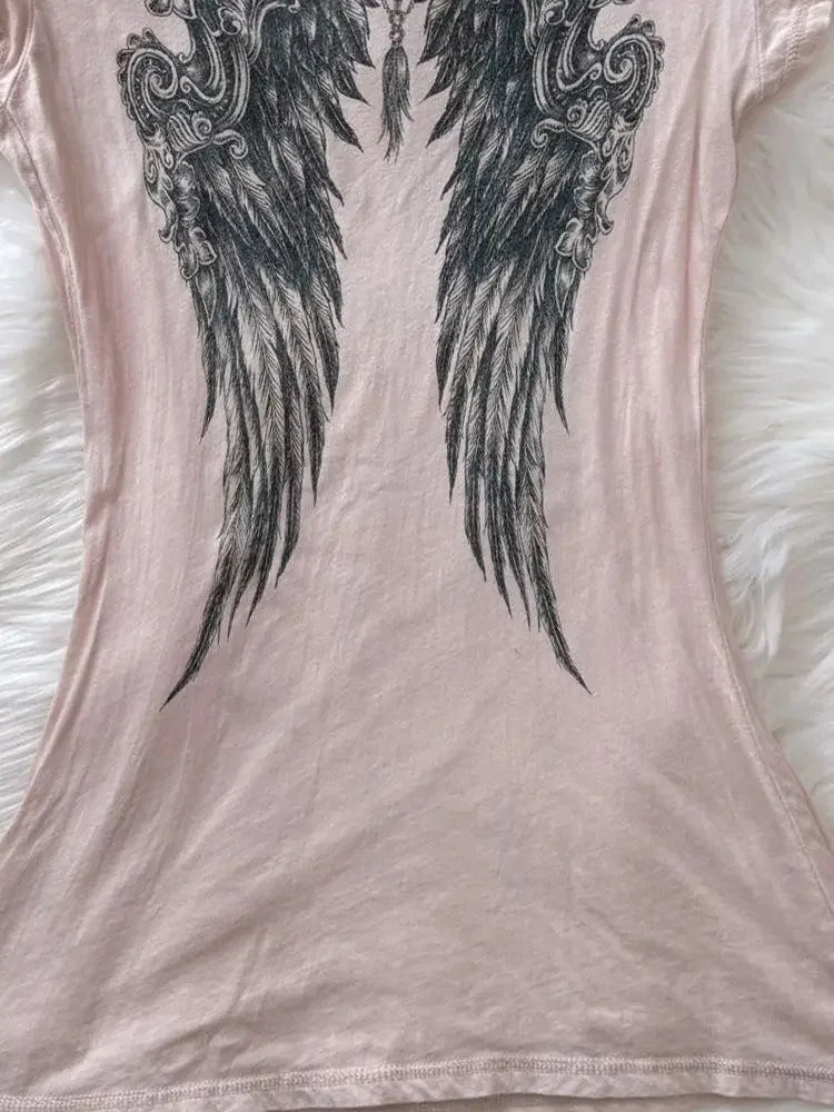 LIZAKOSHT  -  Ropa Mujer Pink Angel T-shirts Vintage Camisetas Print T Shirt Goth Academia American Grunge Subcultural High Street Tops