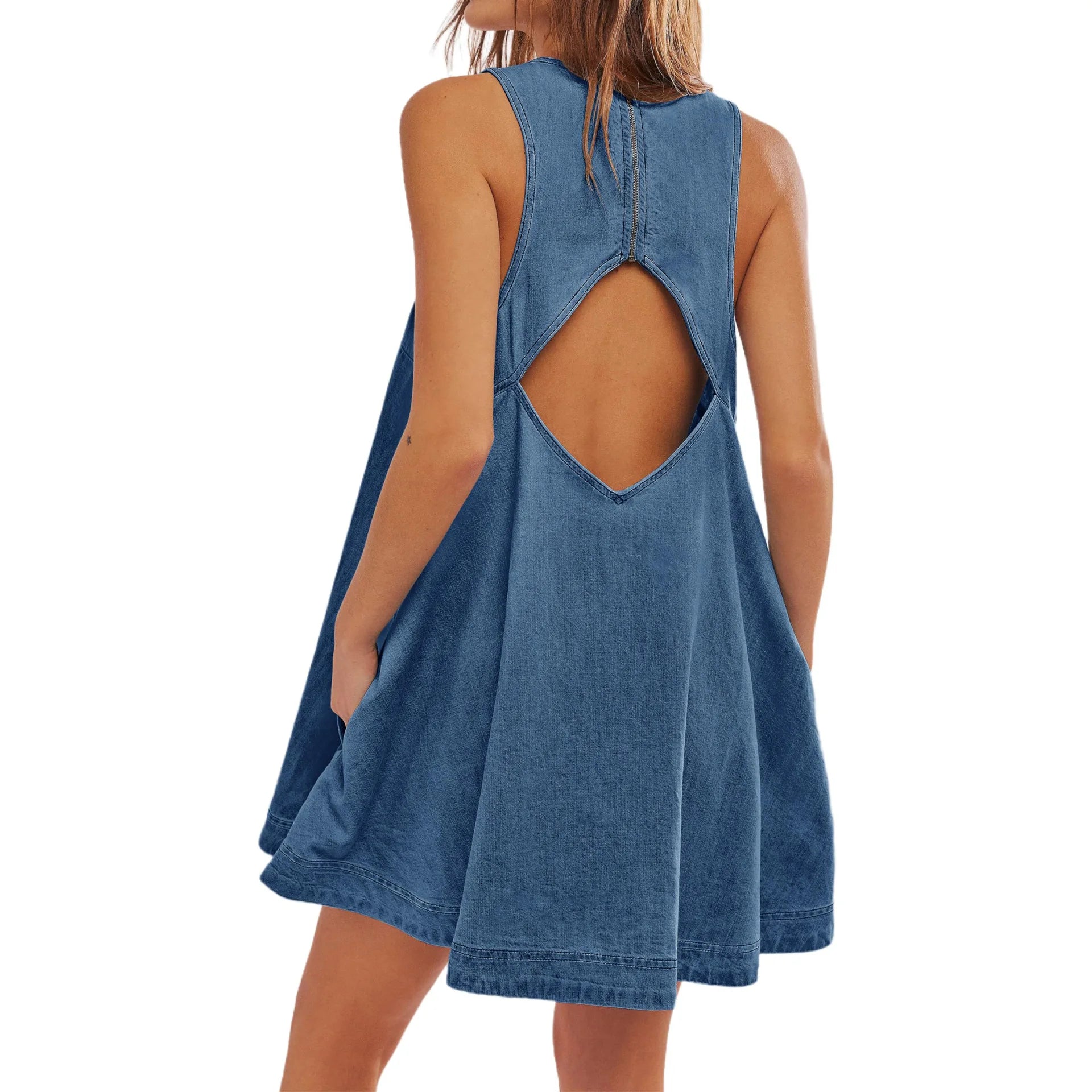 LIZAKOSHT  -  Spring Summer 2025 New Denim Dress Women Sundress Loose A-line Peplum Pockets Backless Casual Sleeveless Mini Dress Female 53932