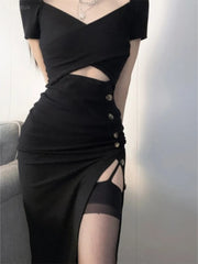 LIZAKOSHT  -  Black Sexy Dresses For Women Vestidos De Mujer Short Sleeve Hollow Out Korean Robe Femme Fashion Split Tunic Summer Dress