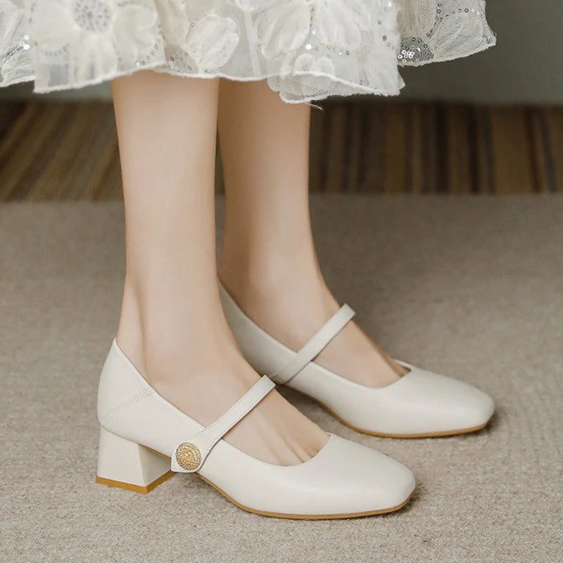 LIZAKOSHT  -  Women 3cm 5cm High Heels Elegant Daily Valentine Pumps Female Soft Leather Elegant Low Heels Metal Buckle Strap Mary Jane Shoes