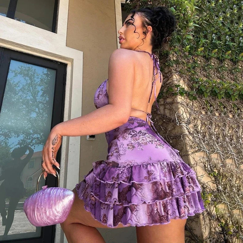 LIZAKOSHT  -  Sexy Women Butterfly Shape Printed Dress Sleeveless Ruffles Lace-up Dress Party Cute Lady Backless Bandage Low-out Cake Dress