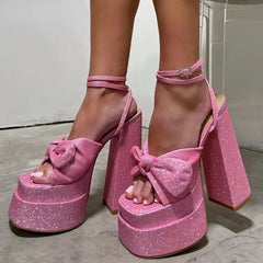 LIZAKOSHT  -  Luxury Bow Ankle Strappy Super High Heels Glitter Bling Sequin Open Toe Sandals Women Stripper Shoes Party Bridal Shoes Design