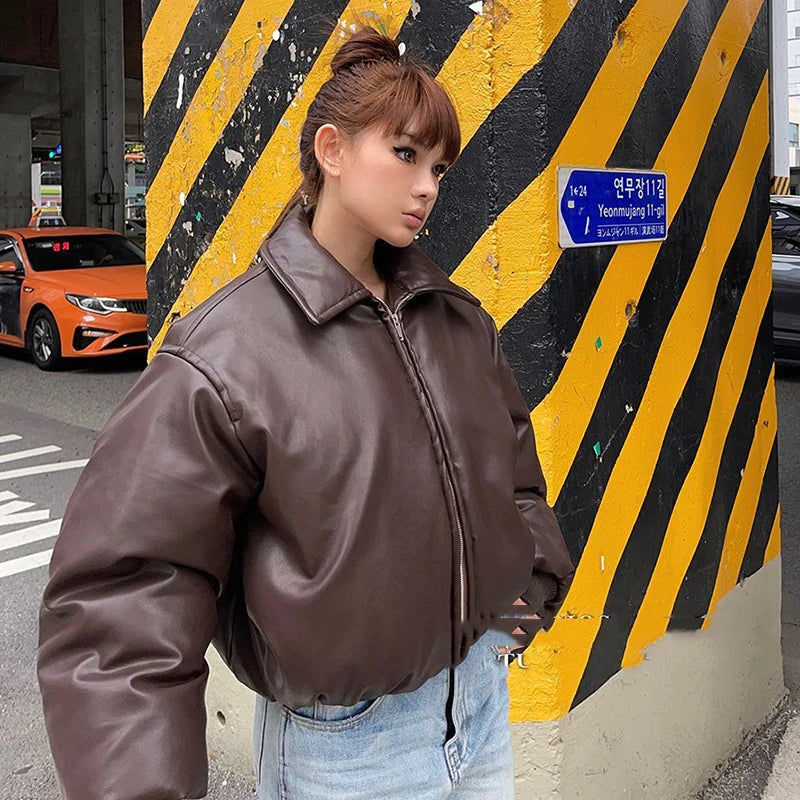 LIZAKOSHT  -  Casual Pu Leather Jackets Women Loose Zipper Lapel Long Sleeves Coats Female Autumn Winter Parkas Streetwears Lady