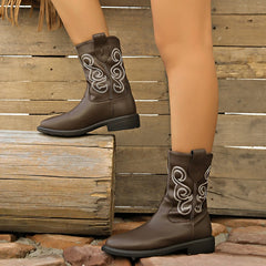 LIZAKOSHT  -  Pu Leather Retro Western Boots Women Autumn Platform Low Heels Chelsea Ankle Boots Woman Embroider Slip On Cowboy Booties