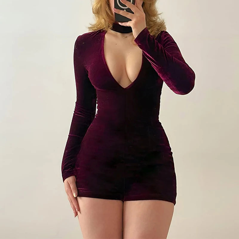 LIZAKOSHT  -  Sexy Wine Red Velvet Low-cut Neck Long Sleeve Skinny Zipper Package Hip Playsuit Fashion Club Street Outfit Jumpsuit Shorts