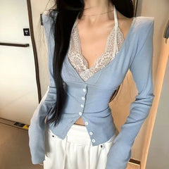 LIZAKOSHT  -  Summer New Lace Neck Hanging V-neck Base Shirt Sexy Long Sleeved T-shirt for Spicy Women Neck Hanging Slim Fit Top