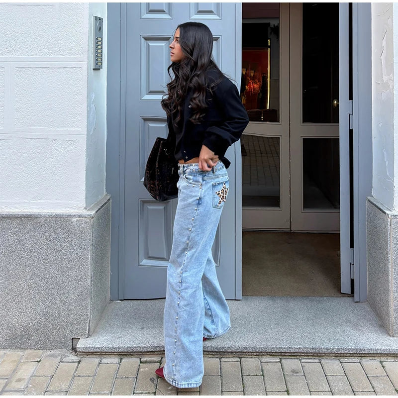 LIZAKOSHT  -  Chic Diamonds Leopard Pentagram Pants For Women Straight-leg Ankle-length Pocket Jeans 2025 Spring Summer Female Casual Trousers