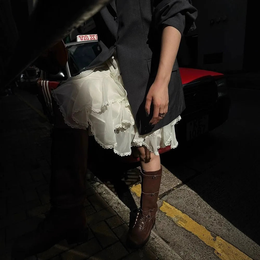 LIZAKOSHT  -  Ruffle Lace Splicing Half Skirt for Women Elegant and Sweet Cake Skirt High Waist Lace Chiffon Half Skirt