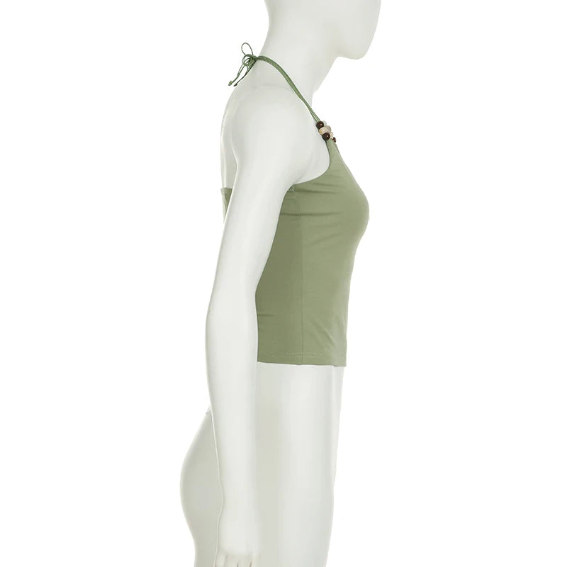 LIZAKOSHT  -  Halter Beads Vacation Camisoles Designed Lace-up Casual Vest Spring Summer Beach Party Sexy Backless Slim Fit Tank Tops