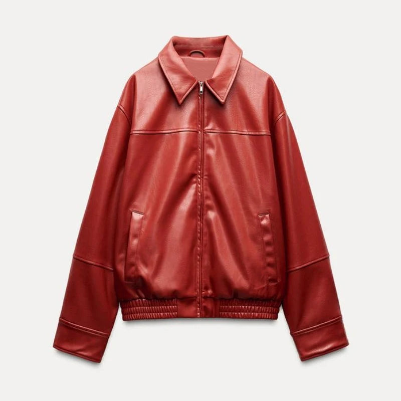 LIZAKOSHT  -  Textured Leather Jacket Coat Vintage Matte Zipper Short Outwear Top Lapel  Cool Fashion Commuter Loose Slimming Biker Jackets