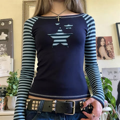 LIZAKOSHT  -  Women's Retro Star Applique Y2k Gothic T-Shirt Casual Long Sleeve Raglan Tops Navy Blue Striped Sleeve Slim Fitted Tee Shirt