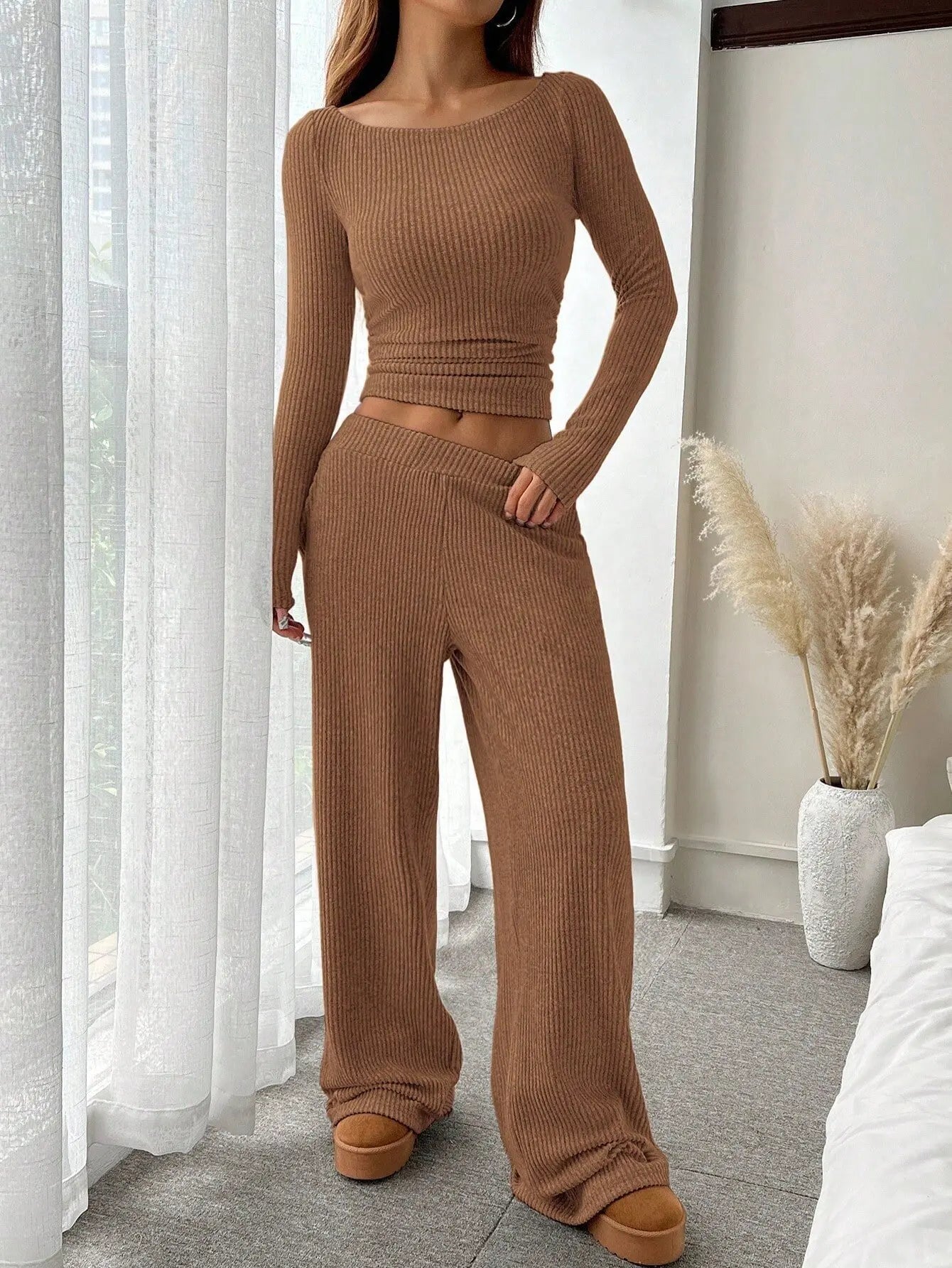 LIZAKOSHT  -  Fall Winter Women 2 Piece Set Solid Off Shoulder Long Sleeve Top Elastic Waist Wide Leg Pants Fashion Casual Outfit