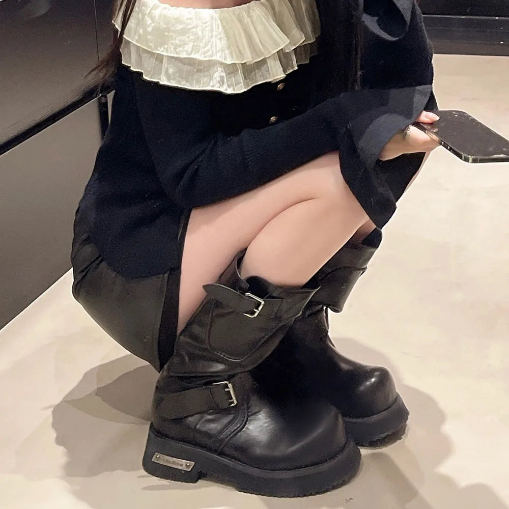 LIZAKOSHT  -  Brand New Big Size 42 Women's Punk Motorcycle Boots Street Black Big Toe Platform Square Heels Mid-calf Boots Buckle Belt Shoes
