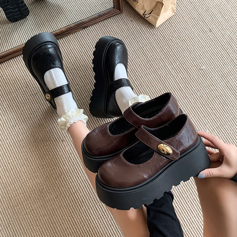 LIZAKOSHT  -  Autumn Vintage Platform Women Mary Jane Shoes  Fashion Outdoor Stripper Shoes Ladies Thick High Heels jk Leather Pumps