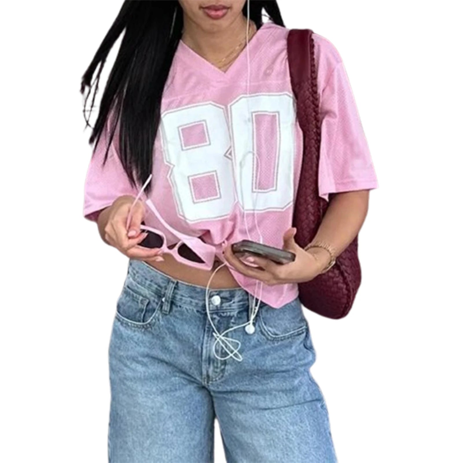 LIZAKOSHT  -  Women T-shirts Short Sleeve V Neck Contrasting Fashion Numbers Print Summer Oversized Pullover Tops Streetwear for Casual Daily