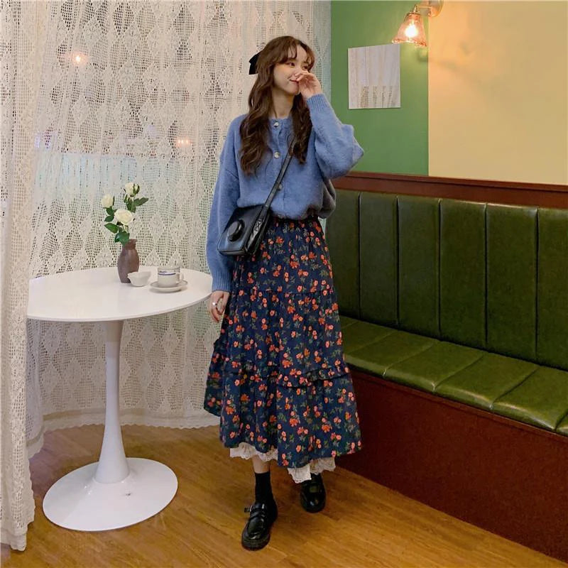 LIZAKOSHT  -  Vintage Floral Midi Skirt Women Lace Patchwork High Waist A Line Loose Casual Skirts Fall Winter Retro Harajuku Elegant Skirt