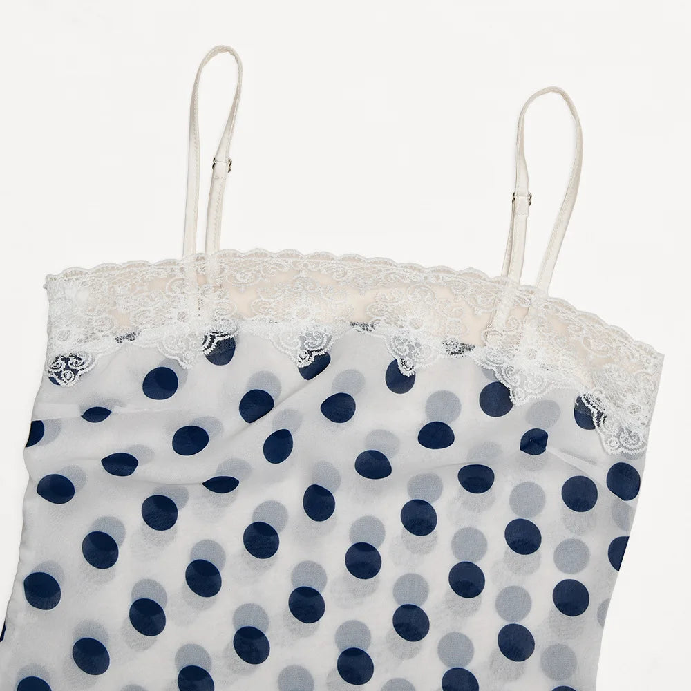 LIZAKOSHT  -  Woman Clothes Spaghetti Strap Polka Dot Mini Dress Sexy Lace Patchwork Backless Holiday Dresses Party Night Club Outfit