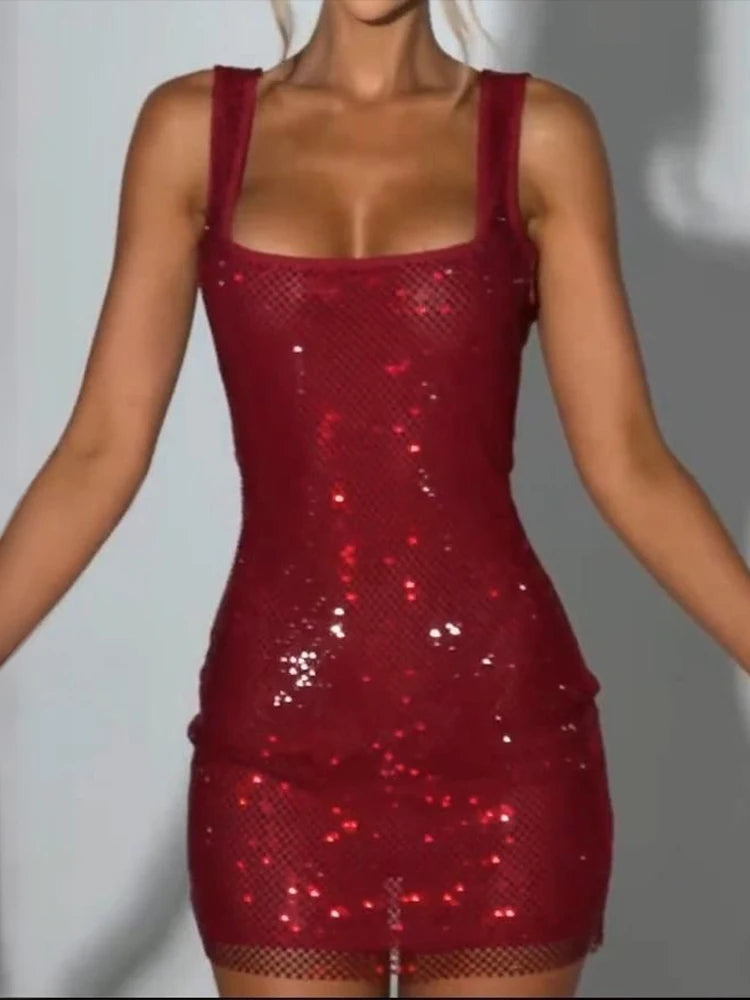 LIZAKOSHT  -  Square Collar Dress Women Sexy Sleeveless Christmas Shiny Thread Patchwork Wild Hottie Party Club Peach Hip Mini Bodycon