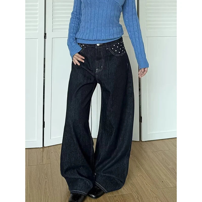 LIZAKOSHT  -  Autumn Winter Fashion Women Nail Drill Jeans Causal Wide Straight Leg Studded Rhinestone Decor Denim Pants with Pockets