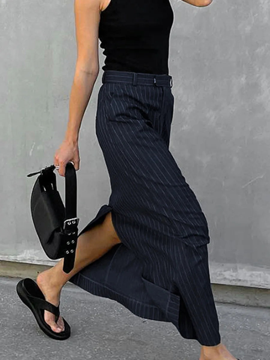 LIZAKOSHT  -  French Commuter Fashion Stripe Half Skirt Women's Split Slim Fit Straight Suit Long Skirts Professional Office Ladies Wear