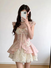 LIZAKOSHT  -  French Sweet Kawaii Lolita Dresses Women Chic Flower Design Lace Mini Pink Dress Japanese Fairy Princess Birthday Party Dresses